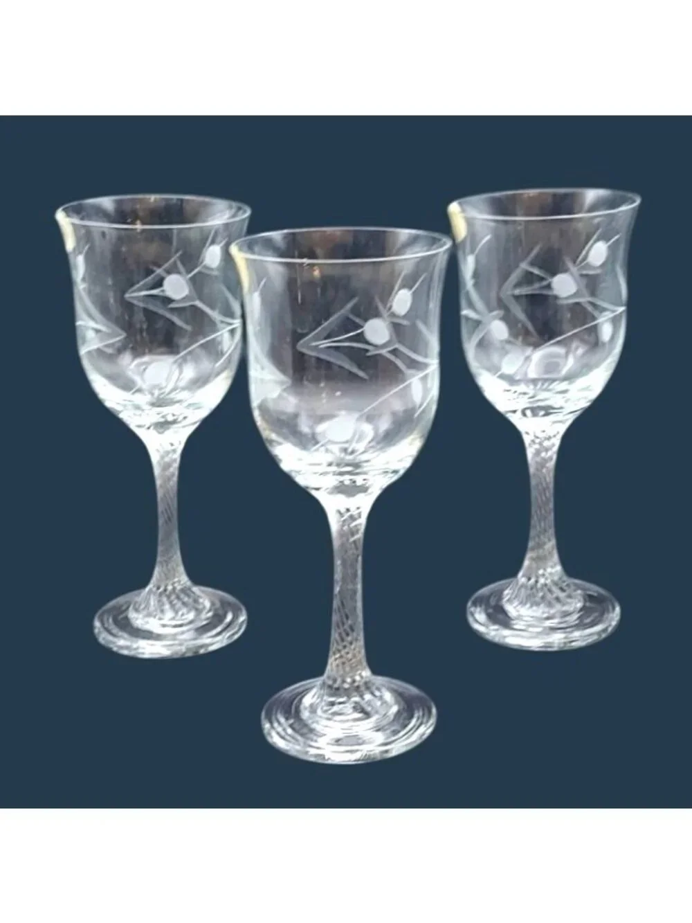 Hand Cut Wine Glasses Twisted Stem Floral Dublin Ireland Eamon Glass Set Of 3
